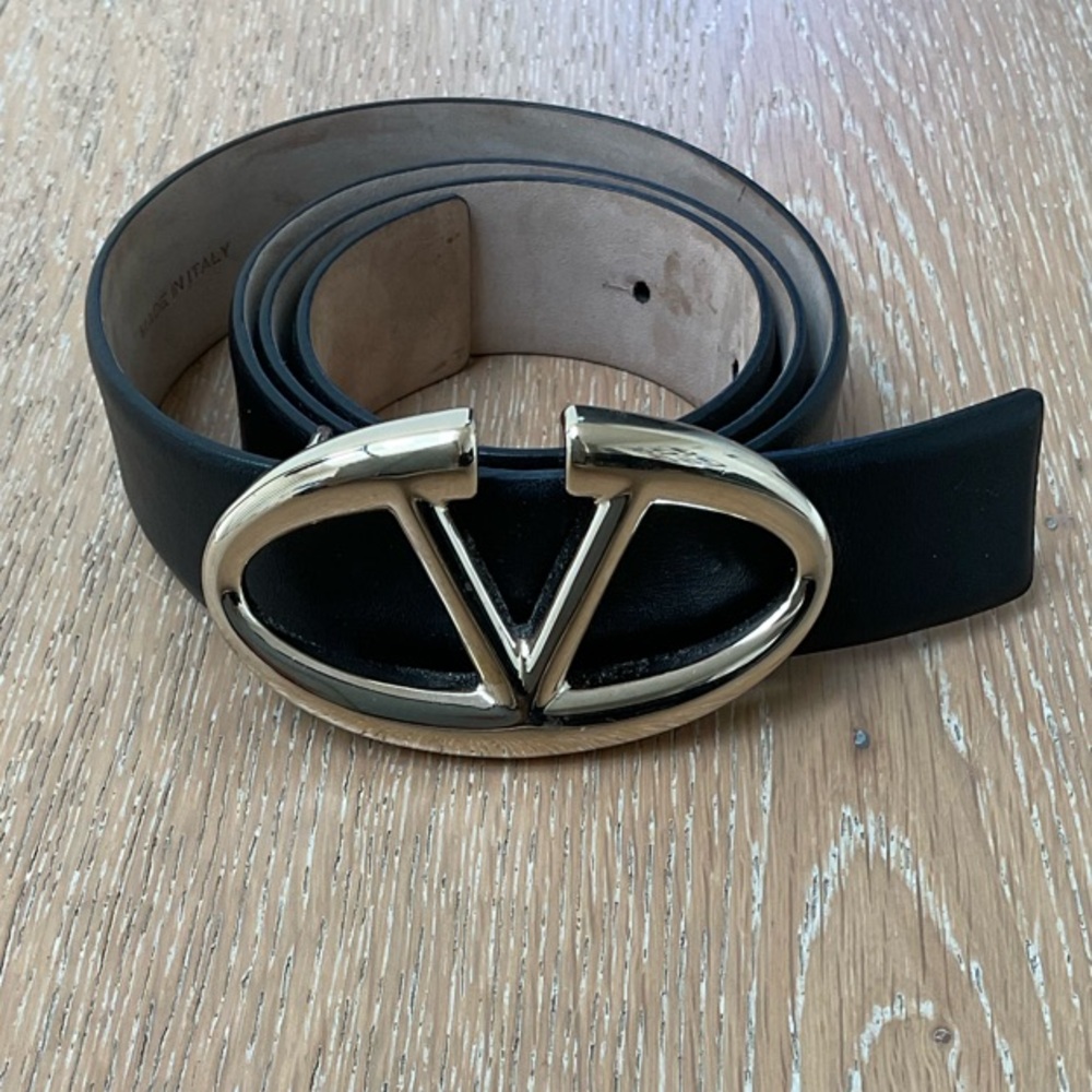 Valentino Garavani black belt with champagne gold oval buckle